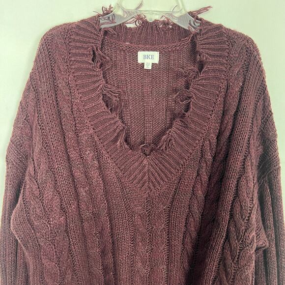 BKE Cable Knit Distressed Burgundy Oversized Sweater Size XS - Picture 3 of 11